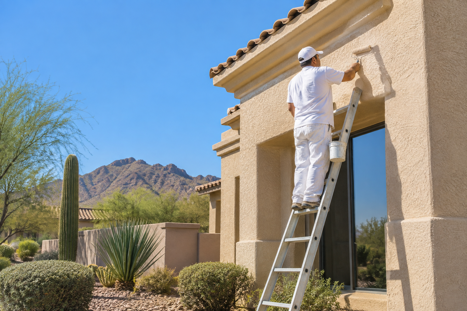 Painter on a ladder painting the exterior of a tan stucco Scottsdale home, clear blue sky, desert landscaping