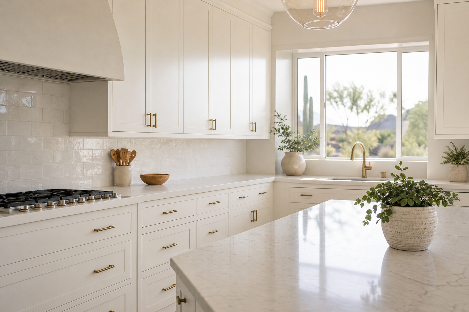 Freshly painted warm white kitchen cabinets with a smooth sprayed finish in a Scottsdale home