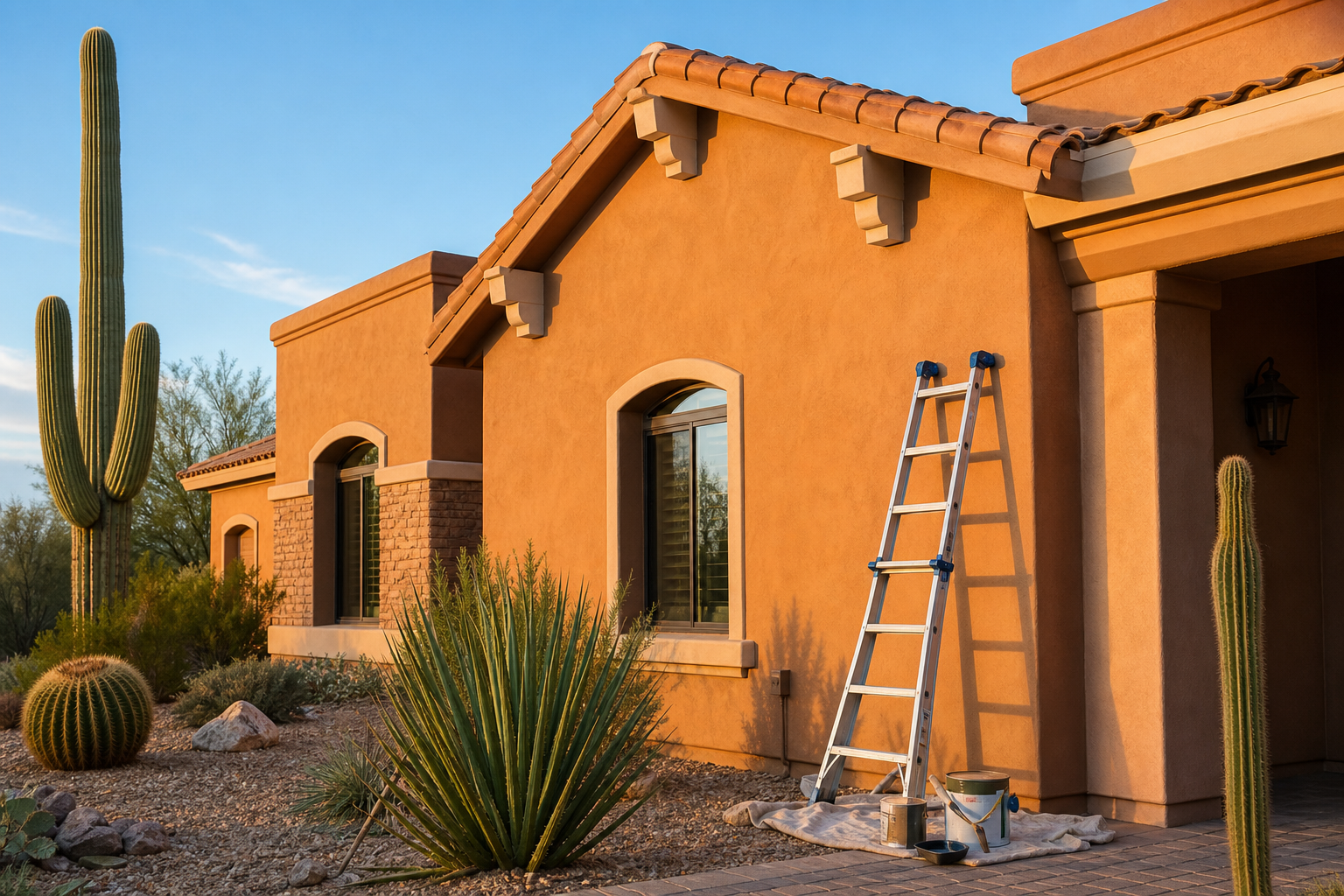 Freshly painted terracotta stucco home exterior in Scottsdale with painter's ladder in fall light