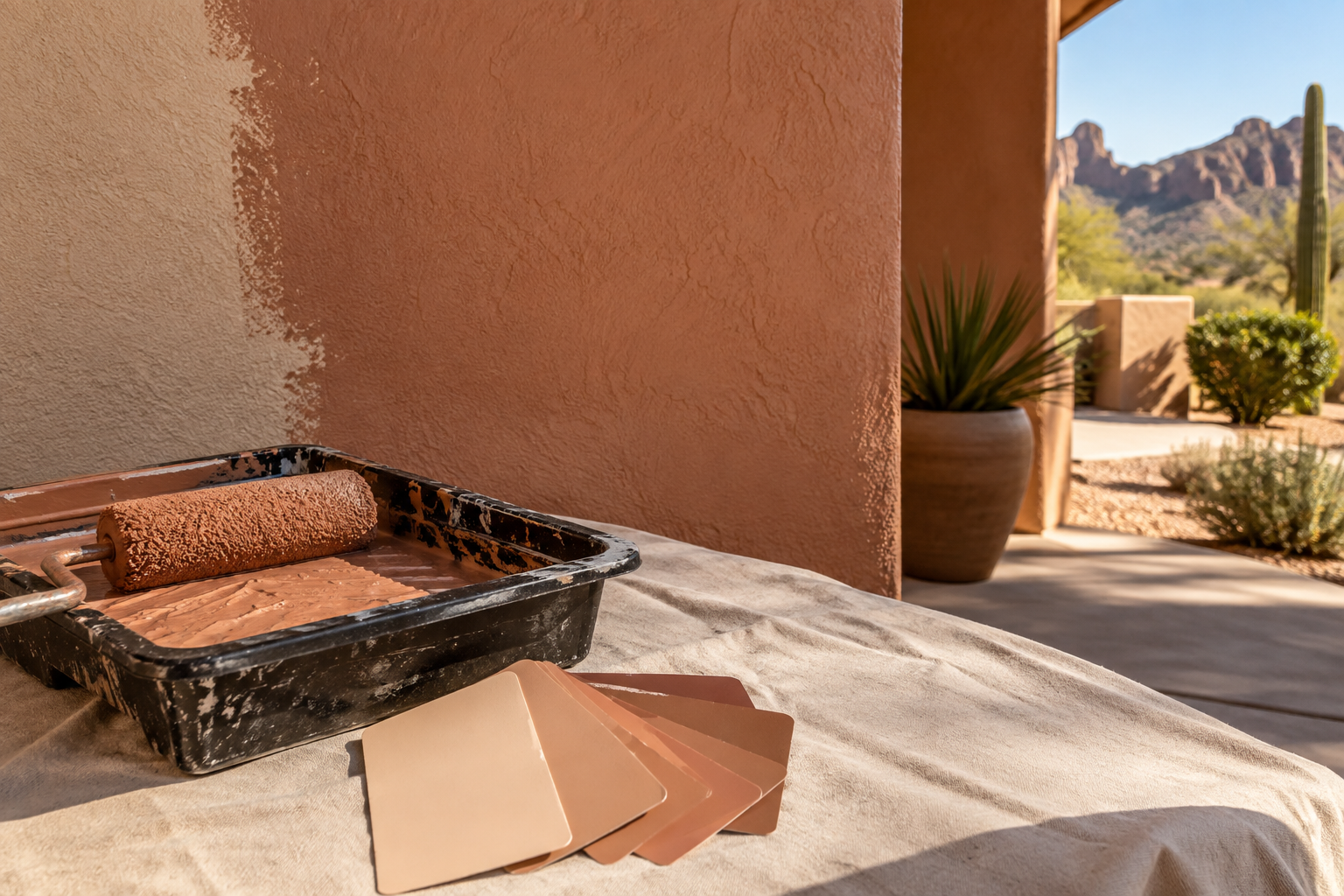 Paint tray with satin-sheen swatches next to a partially painted terracotta stucco wall in Scottsdale