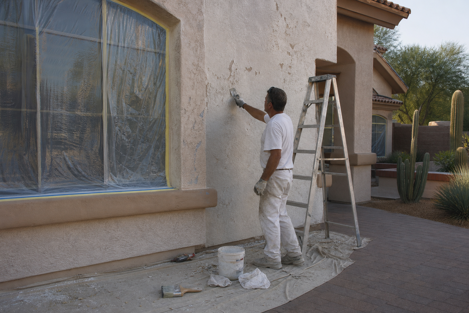 Painter prepping a stucco exterior wall before painting on a Scottsdale home