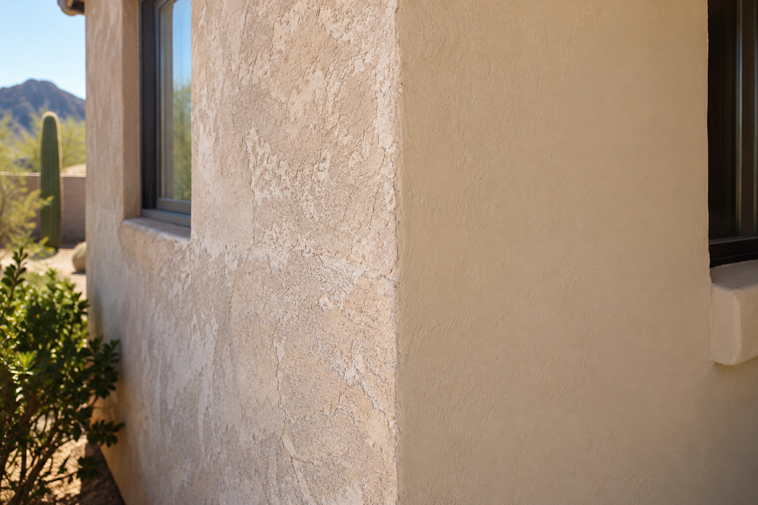 Close-up of a faded sun-weathered stucco wall corner with chalky paint next to freshly painted section, Scottsdale home