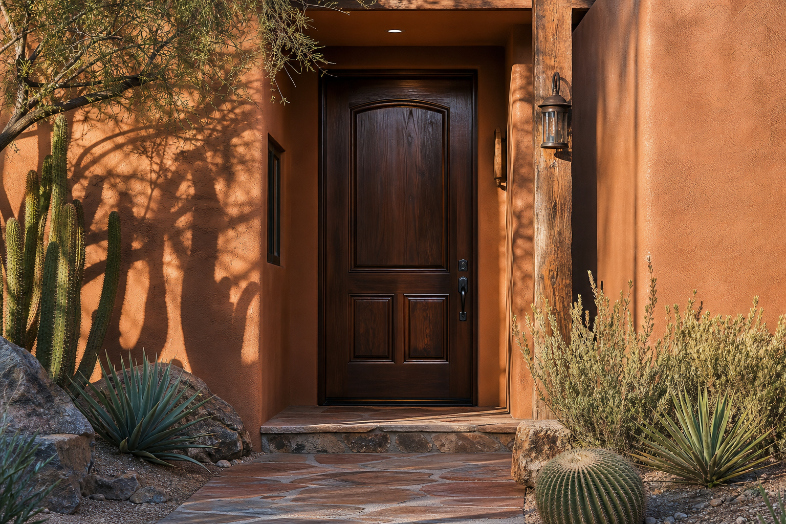 Refinished dark wood front door on a terracotta stucco Scottsdale home entryway